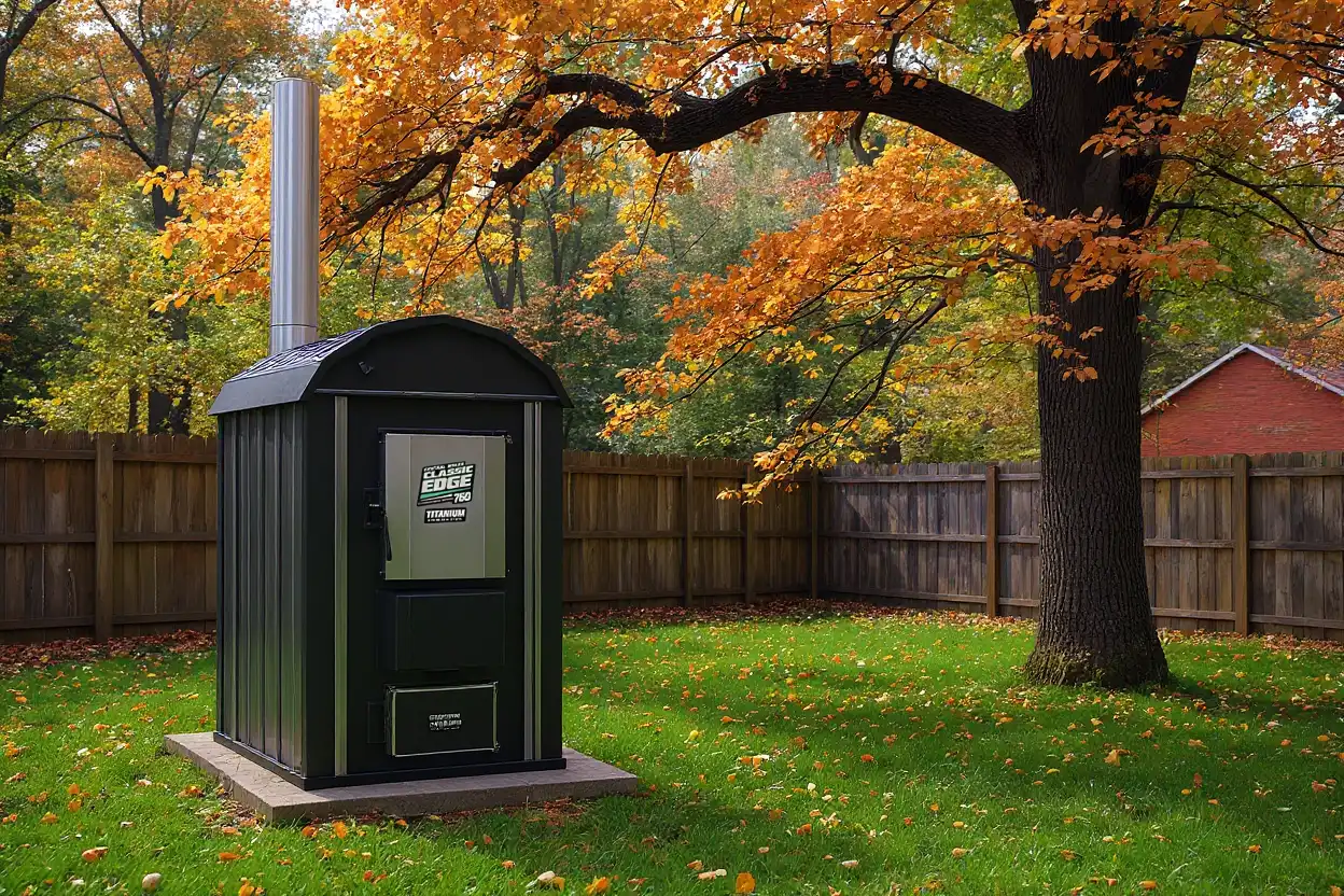 An outdoor wood boiler in a backyard with autumn foliage, inviting you to contact Boiler Authority for support.