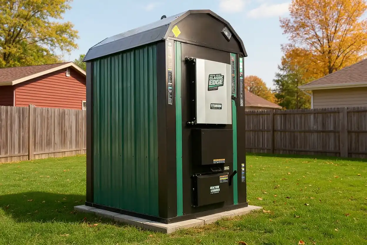 A Classic Edge outdoor furnace in a backyard, representing questions about boiler installation and maintenance.