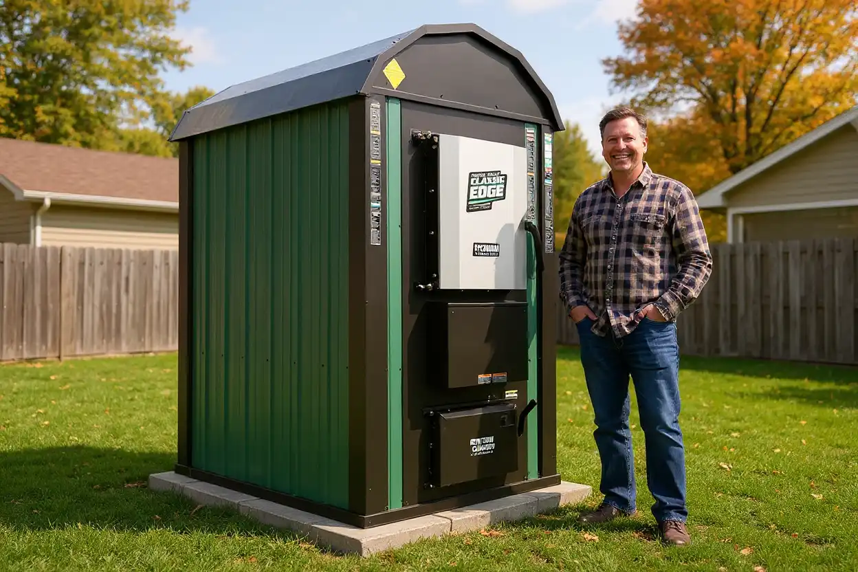 An boiler parts expert from Boiler Authority standing next to an outdoor boiler